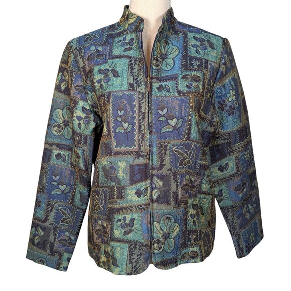 Vintage 90s Coldwater Creek Floral Tapestry Jacket Blue Green Zip Up - Picture 2 of 16